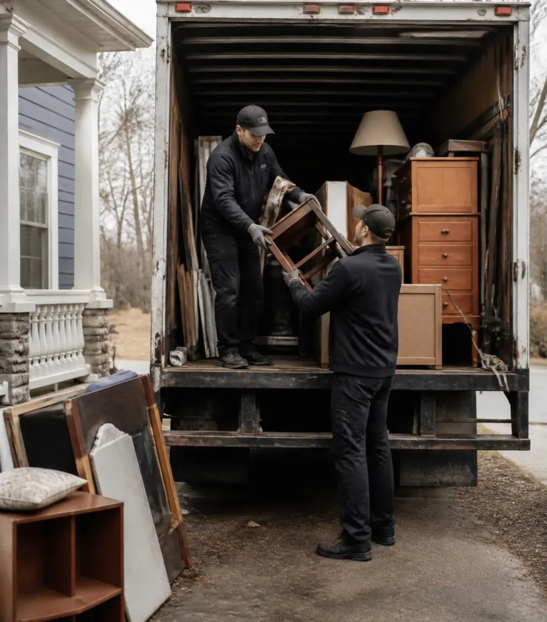 Two workers loading unwanted furniture during a property clean-out