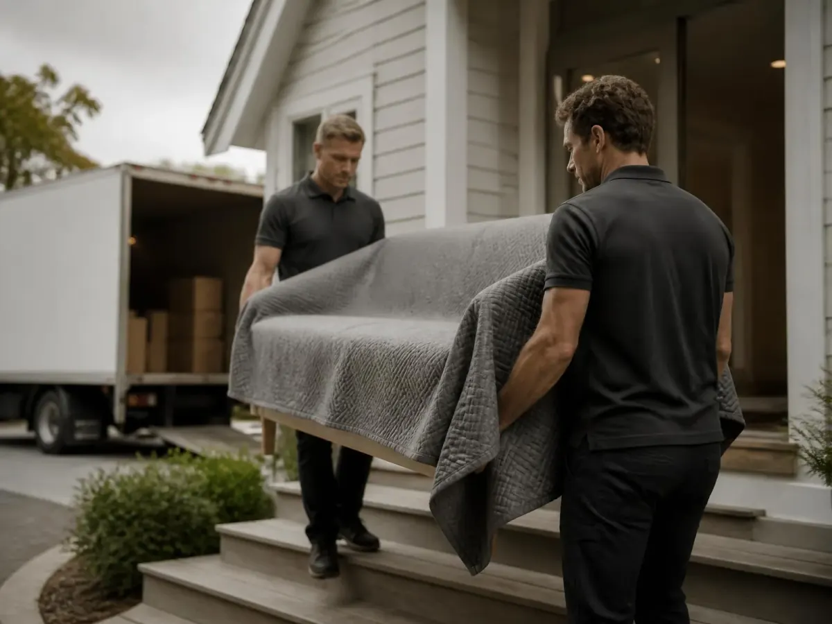 Two Paul Movers team members carrying a blanket-wrapped sofa to a moving truck