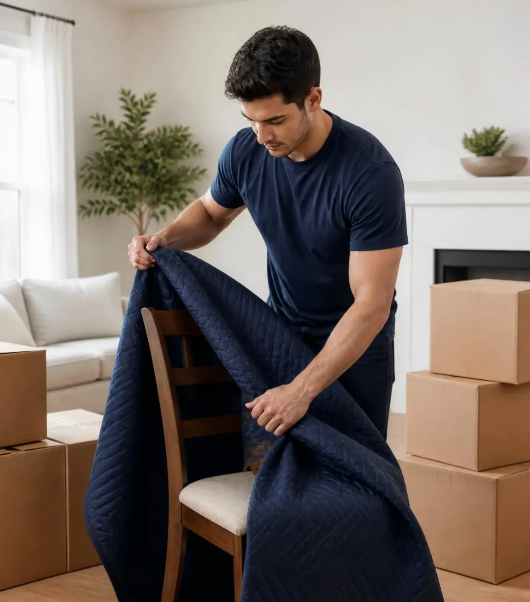 A mover wrapping a wooden dining chair in a quilted blanket