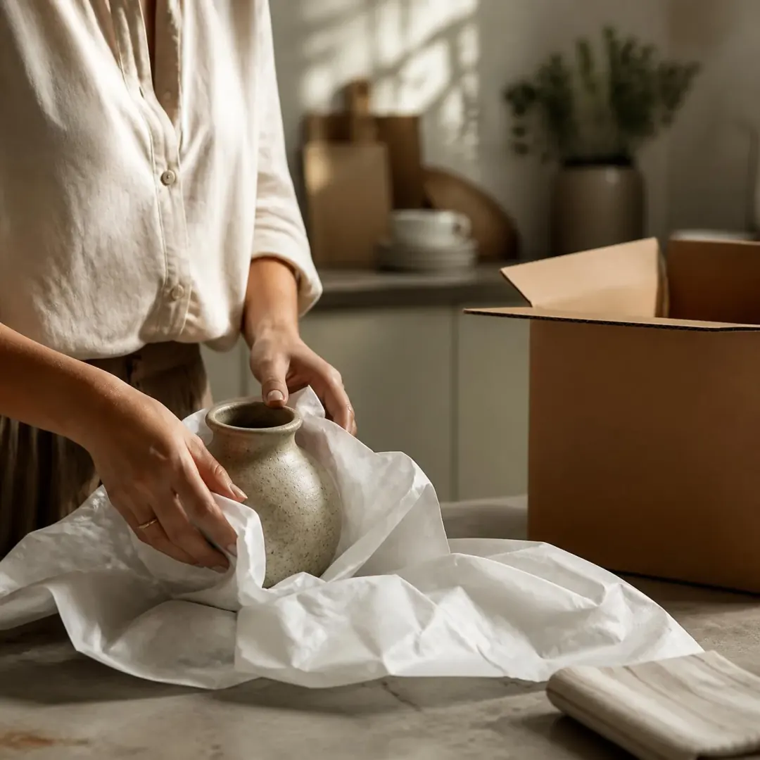 Careful packing of fragile household items into a moving box