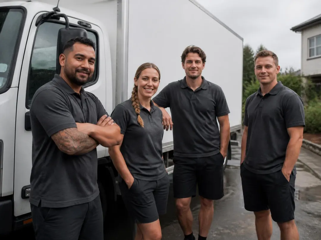 The Paul Movers crew standing beside their moving truck in Auckland
